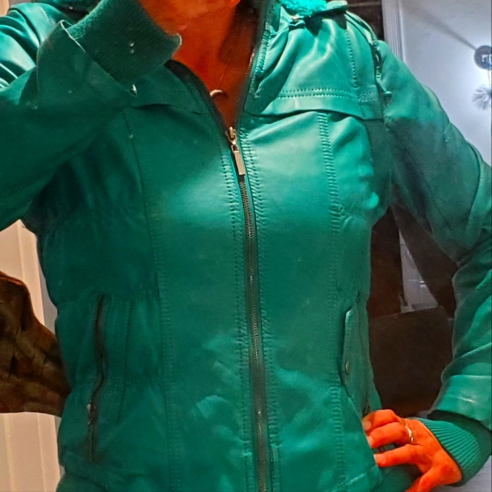 Teal faux leather jacket, removable hood